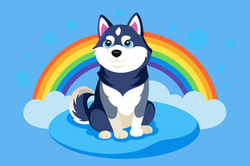 Husky dog with blue eyes sitting on a cloud, with a rainbow behind