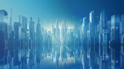 Panoramic illustration of a modern, futuristic city skyline with serene water reflections - obrazy, fototapety, plakaty