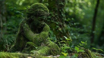 Obraz premium Mystical forest statue overgrown with moss