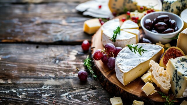 Assorted cheeses with grapes, olives, and herbs on a wooden board. Rustic gourmet cheese platter composition for design and print