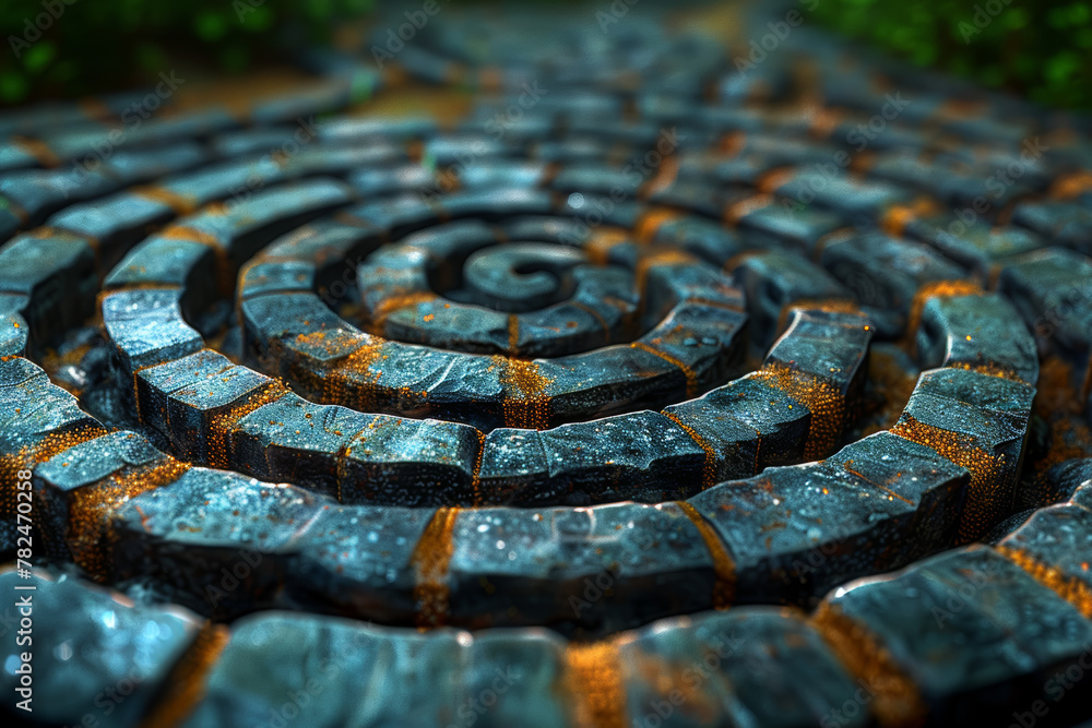 Poster a visual metaphor of a labyrinth, symbolizing the intricate paths and challenges in life. concept of