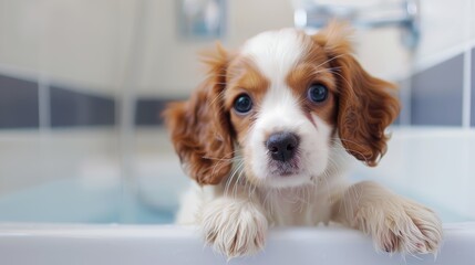 Puppy in a bathtub. Pet washing and grooming concept with copy space for design and print