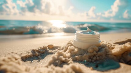 Sunscreen cream container on sandy beach during sunset. Skin care and sunblock concept. Cosmetic packaging for UV protection - obrazy, fototapety, plakaty