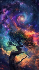 Enchanted cosmic tree against starry sky