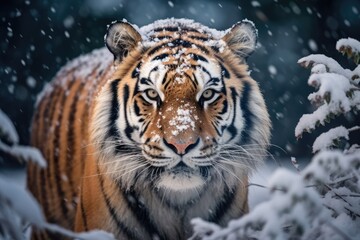 a tiger is standing in the snow looking at the camera