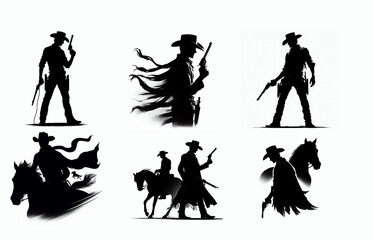 Collection of cowboy silhouettes with horses isolated on white background. Illustration Generative ai