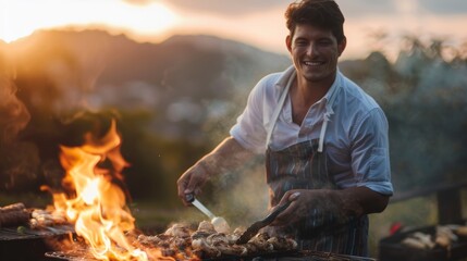 Happy young man grilling meat at sunset. Outdoor cooking and joyful lifestyle concept. - obrazy, fototapety, plakaty