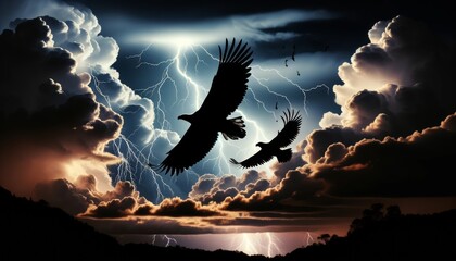 Dramatic Sky with Eagles Soaring Amidst Storm and Lightning