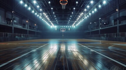 Deserted indoor basketball court with moody lighting and faded floor marks. Disused sports hall with balcony and backboard - obrazy, fototapety, plakaty