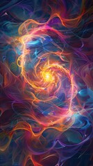 Digital artwork featuring a colorful swirl of dynamic energy lines on a dark background