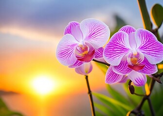 Orchid flowers on nature background at sunrise. Spa flowers	
