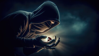 Hooded Figure Holding a Glowing Crystal in a Dark, Mysterious Setting