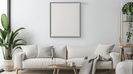 mock up poster frame in modern interior background, living room, Scandinavian style, 3D render
