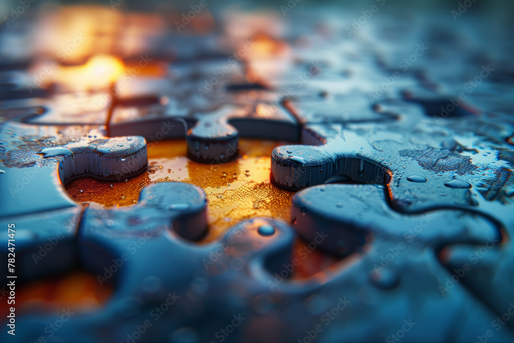 Poster an abstract depiction of puzzle pieces fitting together, symbolizing the alignment of goals and obje