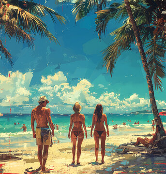 Summer holiday to the beach: swimming, sunbathing, relaxing on the sand under the palm trees, oil painted illustration