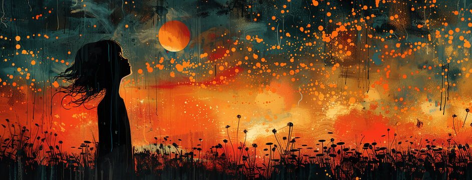 wide colorful illustration of a little kid looking up and thinking in the evening sky, art of children mind and their dream world.