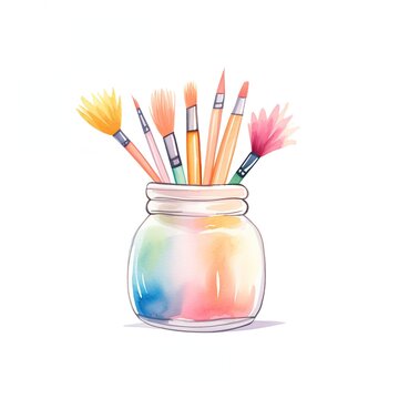 Paintbrushes, Paintbrushes in jar, vibrant against white, cartoon drawing, water color style.