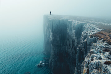 A lone figure standing at the edge of a cliff, gazing out at the vast ocean below, feeling...