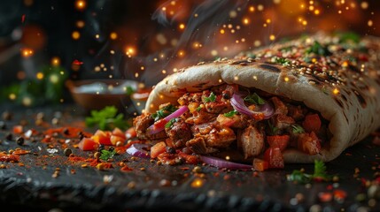 Spicy chicken shawarma on rustic slate