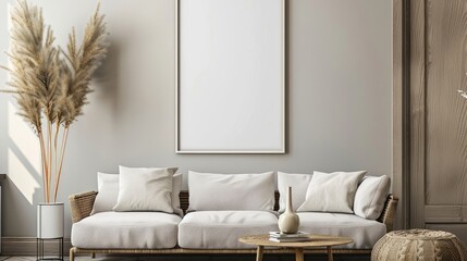 mock up poster frame in modern interior background, living room, Scandinavian style, 3D render