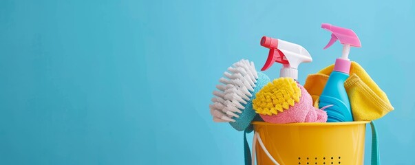 Cleaning supplies in a yellow bucket on a blue background. Cleaning service concept - obrazy, fototapety, plakaty