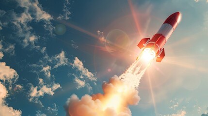 A red and white rocket is soaring through the sky amidst clouds, showcasing a powerful propulsion as it travels on its space mission.