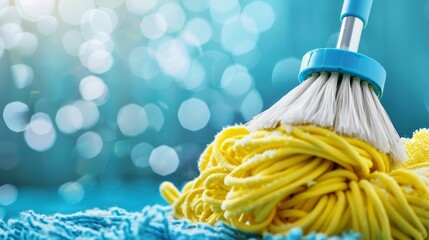 Blue mop and yellow sponge on wet surface with bokeh effect. Cleaning equipment concept. - obrazy, fototapety, plakaty