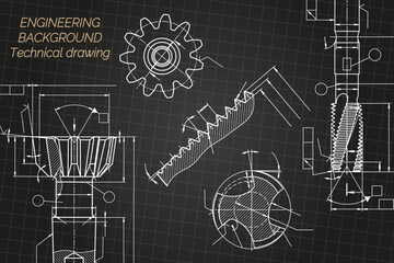Mechanical engineering drawings on black background. Tap tools, borer. Technical Design. Cover. Blueprint. Vector illustration.