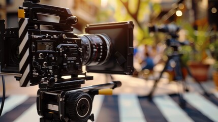 Modern cinematic camera on a tripod with film set in soft focus background.