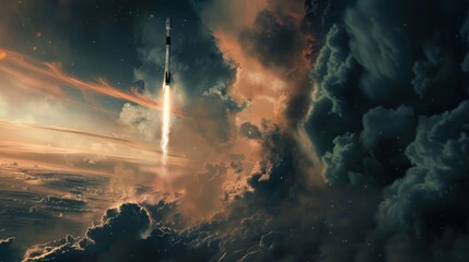 A SpaceX rocket is seen launching into the sky above a layer of clouds, showcasing a powerful and...