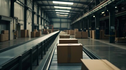 Fototapeta premium Warehouse interior with conveyor belt and parcels