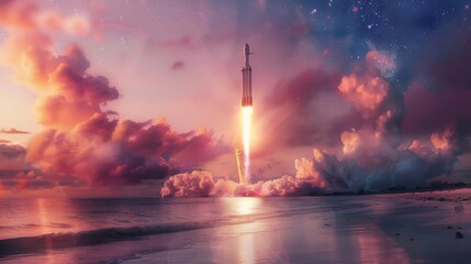 An artists rendering of a powerful rocket blasting off into the sky, leaving a trail of smoke as it propels into space.