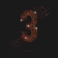 Abstract isolated orange image of a number three. Polygonal illustration looks like stars in the blask night sky in spase or flying glass shards. Digital design for website, web, internet. © Katsiaryna