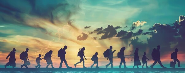 Group of people silhouettes walking against colorful sunset sky. Silhouette photography with dramatic clouds - obrazy, fototapety, plakaty