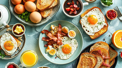A plate of breakfast food with bacon, eggs, tomatoes, and toast. The plate is set on a table with a...