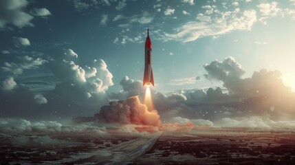 A red rocket is seen launching into the sky, leaving a trail of smoke behind it. The backdrop consists of fluffy clouds against a blue sky.