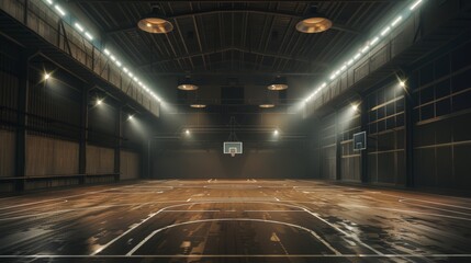 Classic indoor basketball gym with dramatic lighting and wooden floor. - obrazy, fototapety, plakaty