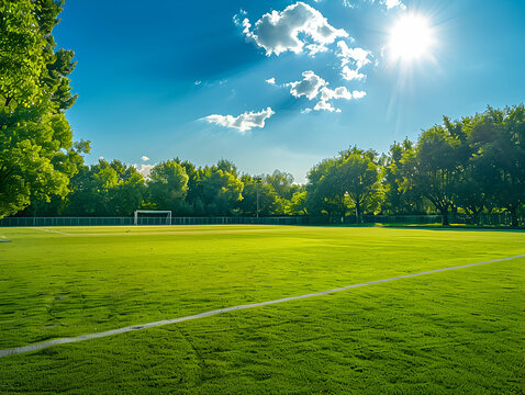 Lush soccer field with bright sunlight and clear blue sky.
