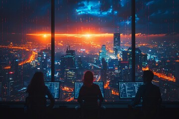 Two people gazing at a midnight cityscape through an electric bluelit window