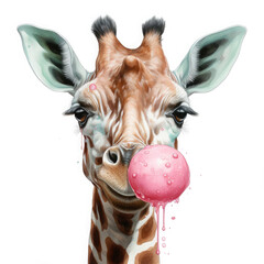 Watercolor Giraffe & Bubble Gum Illustration, Generative Ai