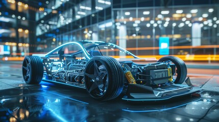 Electric sports car chassis with futuristic blue neon lights. High-tech automotive design in urban setting - obrazy, fototapety, plakaty