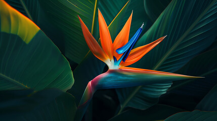 a bird of paradise flower in all its vibrant glory. The flower’s bright orange and blue petals resemble a bird in flight
