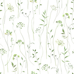 Floral seamless pattern with abstract green plants, delicate isolated watercolor illustration for textile or wallpaper, background or cover, hand drawn print with abstract design elements.