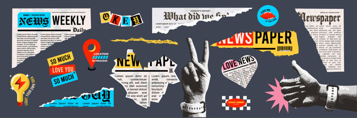 Torn Newspaper Scraps. Vintage Halftone Collage Elements in contemporary mixed style. Colorful Ripped Paper. Blackmail Letter Font Letters and Phrases. Trendy Modern Stickers for poster, banner, flyer