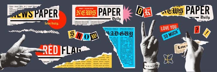 Obraz na płótnie Canvas Vintage Newspaper Scraps and Torn Paper Elements. Trendy Halftone Collage Hands. Ransom Blackmail Letters and Phrases. Contemporary Mixed Media Style. Vector Elements for flyer, poster, banner.