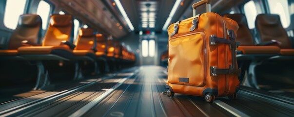 Orange suitcase in train aisle. Modern travel and adventure concept.