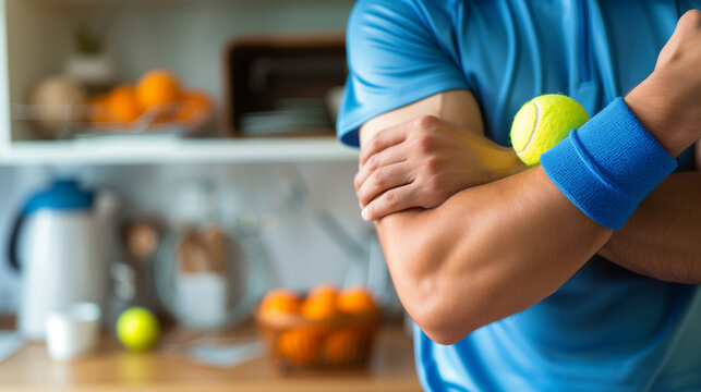 Tennis elbow pain, inflammation, wrist bandage, limb tissue rupture. athlete in a blue shirt and bracelet holding a tennis ball