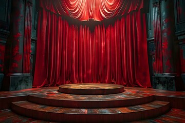 Empty Stage Awaiting Minimalist Melody: Curtain & Podium in Spotlight. Concept Empty Stage, Minimalist Melody, Curtain & Podium, Spotlight, Await Music