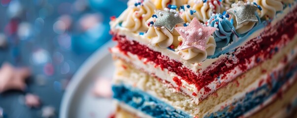 Fototapeta na wymiar Red, white, and blue layered cake slice with star sprinkles.