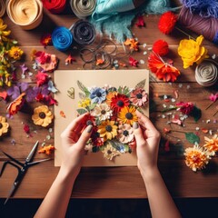 The artist is creating a textile snapshot of yellow flowers on a wooden table